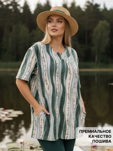 86115 Туника-футболка больших размеров хлопок (Зеленый) (Фото 2)