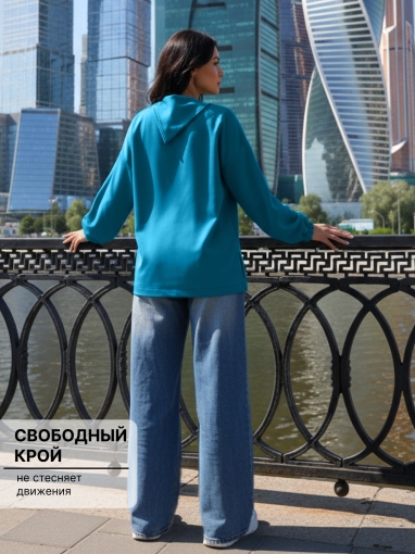 86126 Свитшот-толстовка оверсайз с воротником на молнии (Сине-бирюзовый) (Фото 2)