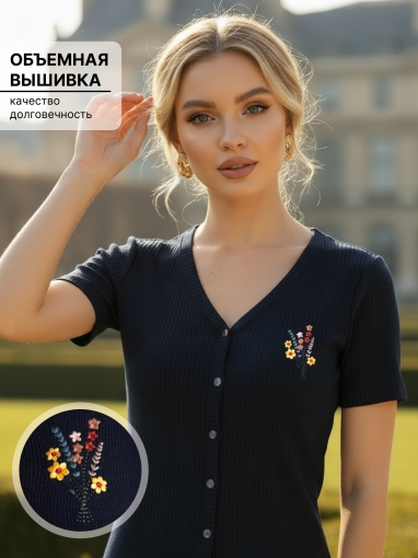 86122 Футболка на кнопках с вышивкой (Темно-синий) (Фото 2)
