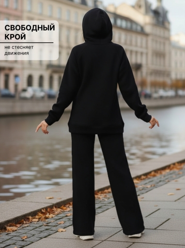 86129 Тёплый спортивный костюм с капюшоном оверсайз с начёсом (Черный) (Фото 6)