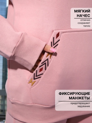 86129 Тёплый спортивный костюм с капюшоном оверсайз с начёсом (Розовая пудра) (Фото 3)