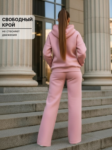 86129 Тёплый спортивный костюм с капюшоном оверсайз с начёсом (Розовая пудра) (Фото 6)