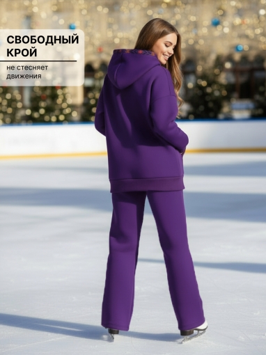86129 Тёплый спортивный костюм с капюшоном оверсайз с начёсом (Фиолетовый) (Фото 6)